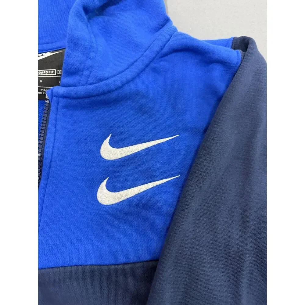 Nike Youth L Full Zip Hoodie Blue Swoosh Graphic Sleeve Logo Sweatshirt